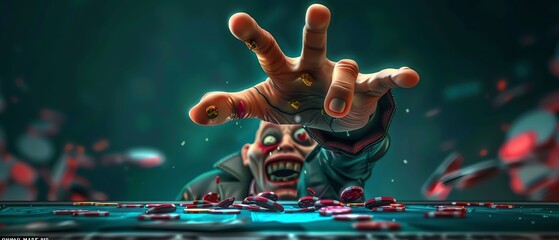 A gamblers arm reaches into a poker table, its fingers clutching a winning hand of cards that could bring untold riches