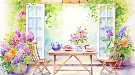 Charming cottage garden painting, suitable for a kitchen or breakfast nook, offering a view of blooming flowers and greenery that enhances a homey, joyful atmosphere