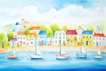 Charming seaside village with colorful boats and quaint cottages, perfect for a vacation home or bathroom, capturing the peaceful charm of coastal living