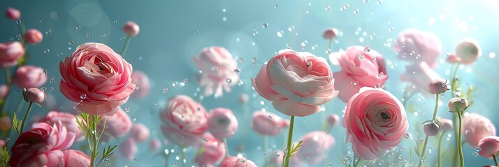 A close-up image featuring pink ranunculus flowers with delicate petals, adorned with clear water drops, set against a soft blue background.  - Powered by Adobe