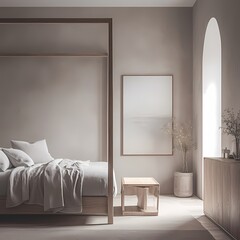 A serene bedroom scene featuring a minimalist bed and large window. The room exudes tranquility with its clean lines and natural light. Perfect for relaxation and rejuvenation.