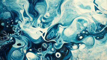 Abstract paint splatters and swirls in various colors and textures, resembling organic forms and...