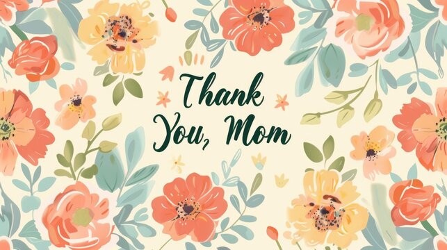 Elegant floral greeting card design with a "Thank You, Mom" message amidst vibrant springtime flowers for mother's day celebration