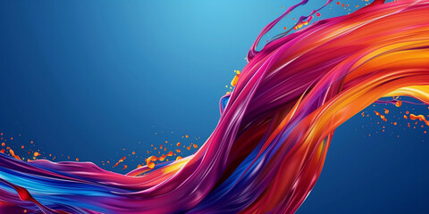 Splash of multi-colored liquid paint on a blue background, abstract banner. Spray of rainbow paint poster. Bright colorful wallpaper. Digital raster bitmap. Photo style. AI artwork.