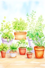 Lively patio herb containers painting, great for a balcony or small patio area, encouraging urban gardening and the joy of growing your own seasonings