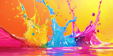 Splash of multi-colored liquid paint on a yellow background, abstract banner. Spray of rainbow...