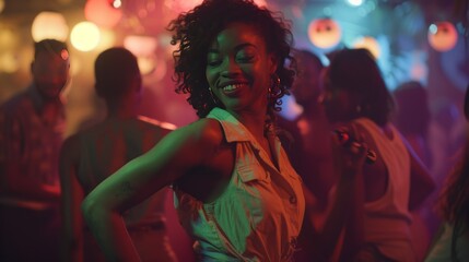 Happy smiling woman dancing and having fun in nightclub with friends at party