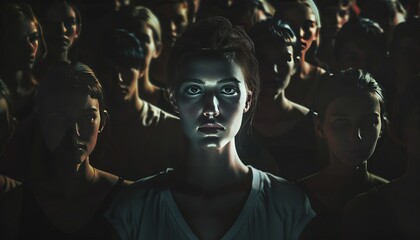 illuminated woman's face stands out from a crowd of people in the shadows