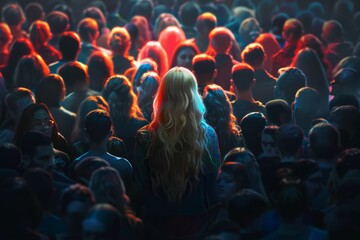 illuminated beautiful blonde rises above a crowd of diverse dark people - Powered by Adobe