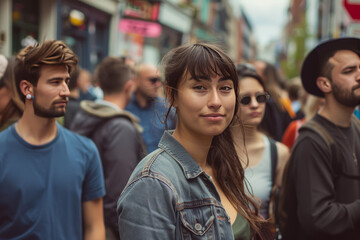 Obraz premium attractive woman looking at camera among crowd of blurred people