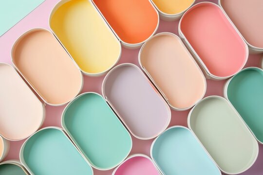 A selection of open paint cans presents a rainbow of bright colors, showcasing potential for vibrant interior decorating projects..