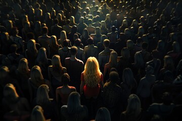 illuminated beautiful blonde rises above a crowd of diverse dark people - obrazy, fototapety, plakaty