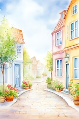 Quaint cobblestone street with flowering window boxes, perfect for a cozy living room or hallway, bringing oldworld charm and a sense of European elegance