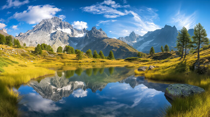 Obraz premium Stunning landscape with a tranquil lake surrounded by majestic mountains and lush greenery