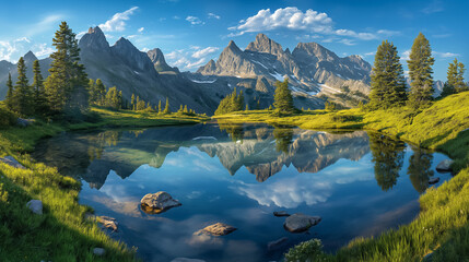 Stunning landscape with a tranquil lake surrounded by majestic mountains and lush greenery
