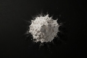 White powder isolated on black background, top view with clipping path. Very realistic, 8k quality, hyper realistic, ultra realism