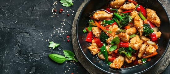 Chicken and vegetable stir fry cooked with soy sauce and sesame in a wok. A classic Asian dish captured from a top view with a stone table and space for text.