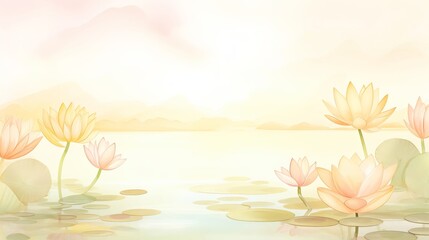 Fototapeta na wymiar Serene lotus pond at dawn, perfect for a spa area or meditation room, promoting tranquility and reflection with soft morning light illuminating delicate blooms