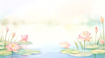 Fototapeta na wymiar Serene lotus pond at dawn, perfect for a spa area or meditation room, promoting tranquility and reflection with soft morning light illuminating delicate blooms