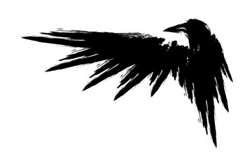 Naklejka premium Black raven or crow silhouette with wings. Tattoo hand drawn vector illustration isolated on white.