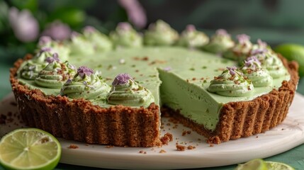   A tight shot of a cake sliced on a plate, surrounded by limes