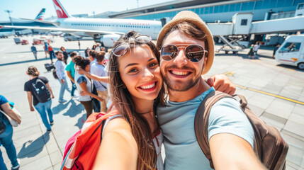 Airport Selfie. Happy Young Couple Ready to Embark on Journey, Plane in Background