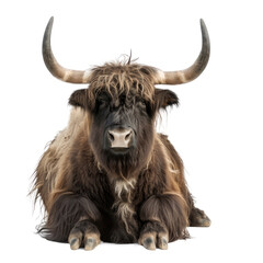A yak with long hair and horns. Isolated on transparent background.