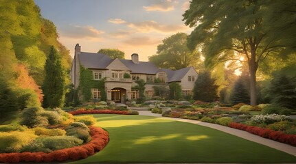 A large house with a beautiful garden in front, featuring colorful flowers, trees, and a well-manicured lawn. - obrazy, fototapety, plakaty