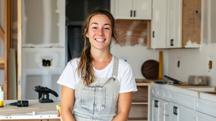 Smiling Woman Amidst Home Renovation, Construction Work in Background