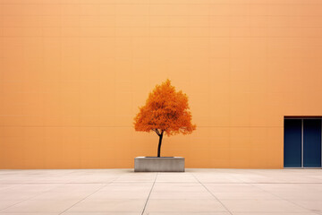 Minimalistic Autumn Landscape, Lonely Tree with Yellow Leaves
