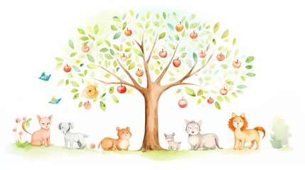 Whimsical illustration of an apple tree with animals, ideal for a nursery or child s room, combining playful elements with the charm of orchard life