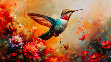 Colibri volant parmi les fleurs, illustration artistique