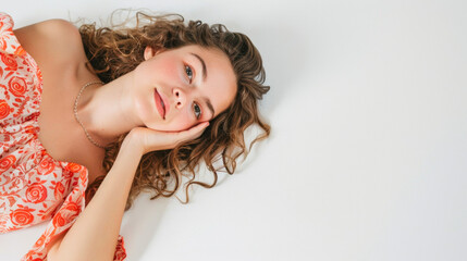Portrait of Relaxed Girl with Freckles Lying on White Background