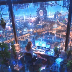 Stunning Anime Style Illustration of a Female Worker at her Desk amidst the Rain in an Advanced Urban Environment