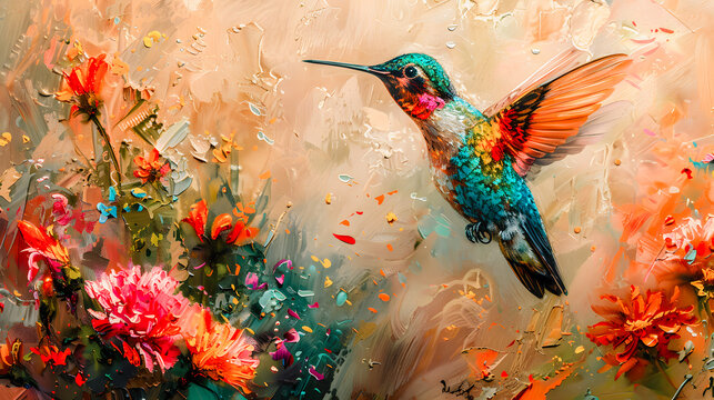 Colibri volant parmi les fleurs, illustration artistique