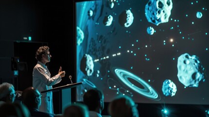Fototapeta premium Scientist lectures on asteroids with graphic orbit display for awareness. Asteroid Day