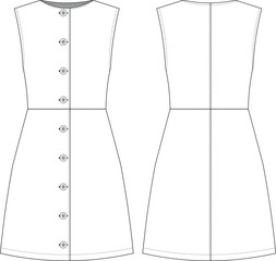 sleeveless round crew neck buttoned short a-line dress jean denim template technical drawing flat sketch cad mockup fashion woman design style model
