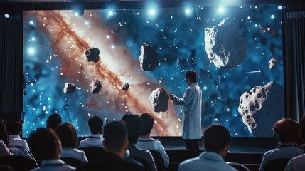 Engaging lecture on asteroids with dynamic orbit graphic in the background. Asteroid Day