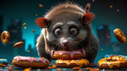 A plump possum scavenged for discarded doughnuts, its eyes darting around for potential treats - obrazy, fototapety, plakaty