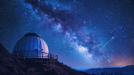 Observatory dome open to a starlit sky with asteroid for Asteroid Day. Asteroid Day
