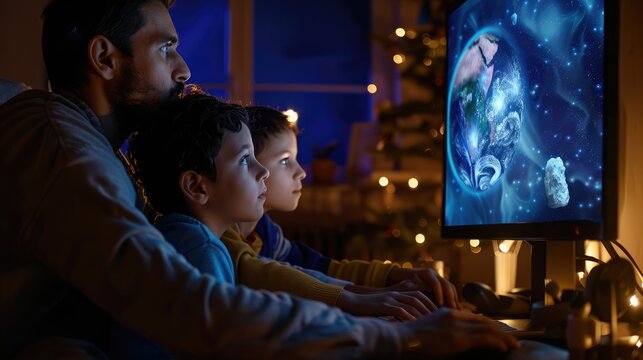 Educational moment as family observes an asteroid event together on screen. Asteroid Day