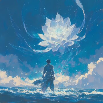 A captivating image depicting a solitary figure on an introspective journey amidst a surreal landscape filled with a giant lotus flower, symbolizing enlightenment and spirituality.