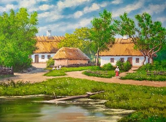 Oil paintings rural landscape, old houses in the countryside, garden in the old village. Fine art, artwork