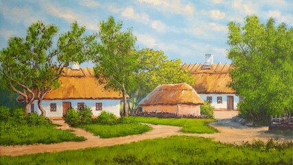 Oil paintings rural landscape, old houses in the countryside, garden in the old village. Fine art, artwork - 791118311