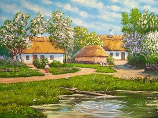 Oil paintings rural landscape, old houses in the countryside, garden in the old village. Fine art, artwork - 791118337