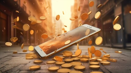 Gold coins, money fly out of smartphone against background of the street during the day.