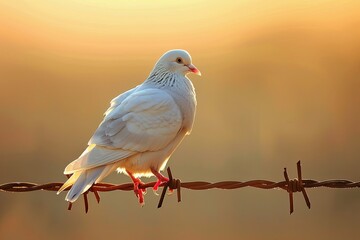 A pigion or dove standing on barbed wire symbolic of war and peace