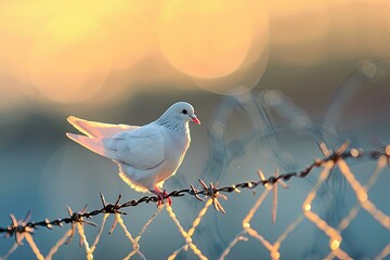 A pigion or dove standing on barbed wire symbolic of war and peace