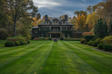 private school with garden mowed with a lawnmower, landscaped - obrazy, fototapety, plakaty