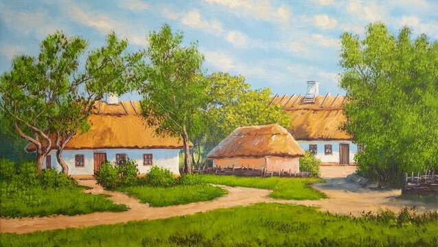 Oil paintings rural landscape, old houses in the countryside, garden in the old village. Fine art, artwork